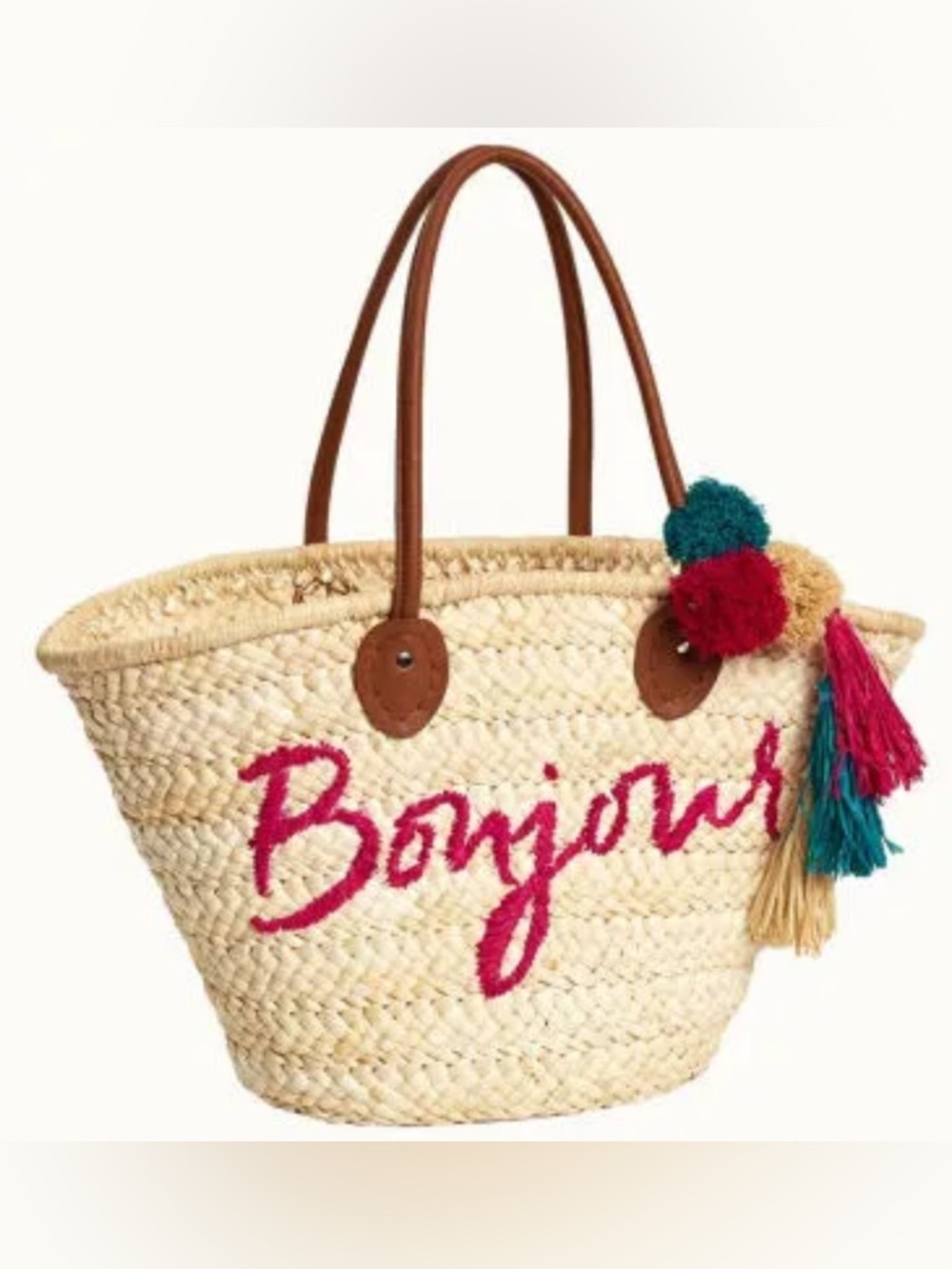 Straw 'Bonjour' Tote Bag with Pink Script and Pom Pom Accents